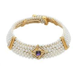 珍珠和紫水晶項圈式項鍊，包括五排，由 4.8-5.9 毫米的天然珍珠組成